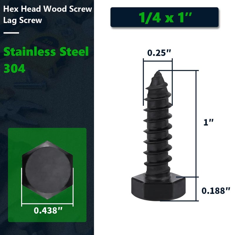 RoyceMart 20-Sets 1/4 x 1 Black Hex Head Lag Screws & Flat Washers, Heavy Duty Wood Lag Screws, 304 Stainless Steel (18-8), 1/4" Bolt - Image 2
